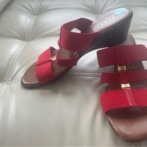 Red Elastic Strap Wedge Sandals with Gold Accent by Ferragamo-Style